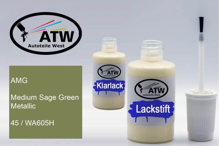 AMG, Medium Sage Green Metallic, 45 / WA605H: 20ml Lackstift + 20ml Klarlack - Set, von ATW Autoteile West.